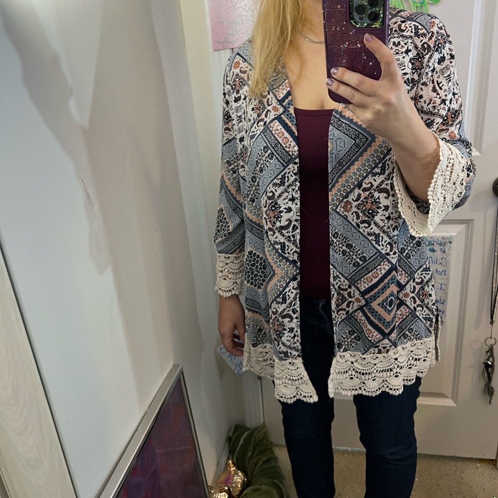 XHILARATION OPEN FRONT CARDIGAN TOP OVERSIZED COVER UP LACE PRINT PINK BLUE EUC - Picture 1 of 11